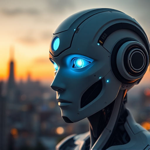 Create a futuristic portrait of a humanoid robot with glowing blue eyes, set against a city skyline at dusk, captured in 4K resolution using a DSLR camera at f/2.8 aperture, ISO 100, 50mm lens, in a close-up view with soft lighting and high contrast.