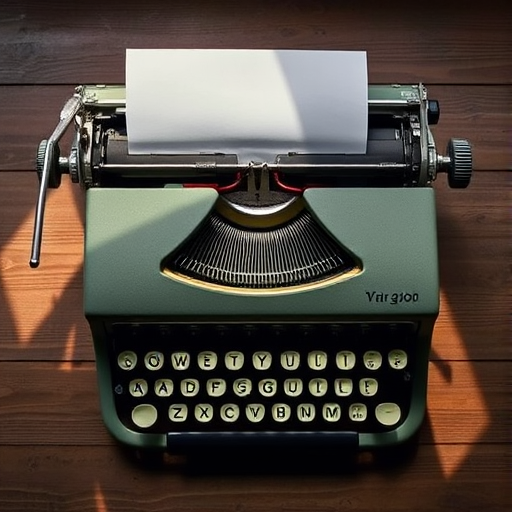 Create a high-resolution image of a vintage typewriter from a top-down view, using a 50mm lens, aperture f/2.8, ISO 100, with natural light and soft shadows for a realistic texture.