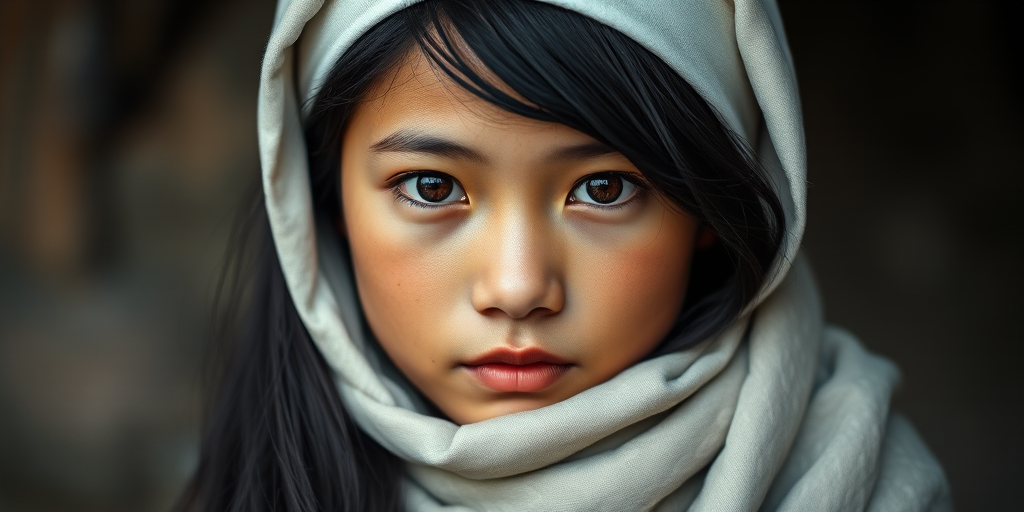 Create a portrait of a young Tibetan female with long, dark hair and captivating hazel eyes. She is wearing a white headscarf and a matching scarf draped gracefully around her neck. The background is softly blurred, focusing attention on her serene and natural expression. The overall color palette is muted and warm, enhancing the intimate and authentic feel of the portrait.