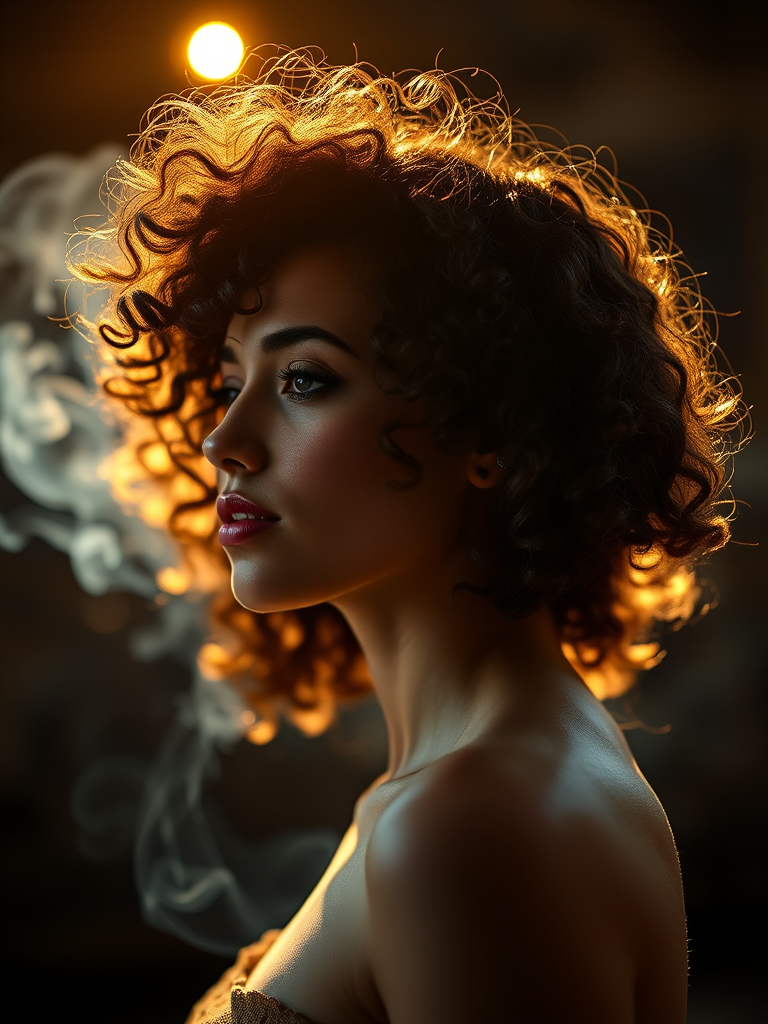 Generate a high-quality portrait of a woman with curly hair in profile, softly illuminated by warm lighting with smoke in the background, using a Canon EOS R5, 50mm f/1.2 lens, aperture set to f/1.2, ISO 200, shutter speed 1/100s, natural light, shallow depth of field.