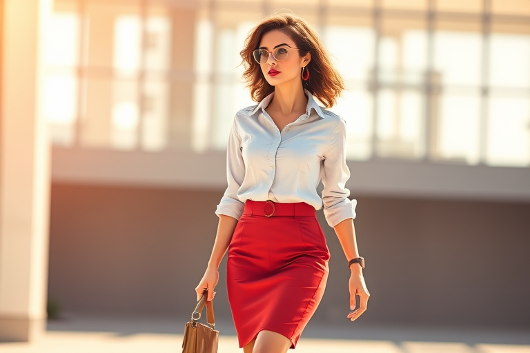 Create a vibrant digital illustration of a confident woman in a fitted pencil skirt and button-up shirt, stylishly walking, with a soft-focused background, using a DSLR camera with a 50mm lens, aperture set to f/1.8, ISO 100, and natural lighting for a warm glow.