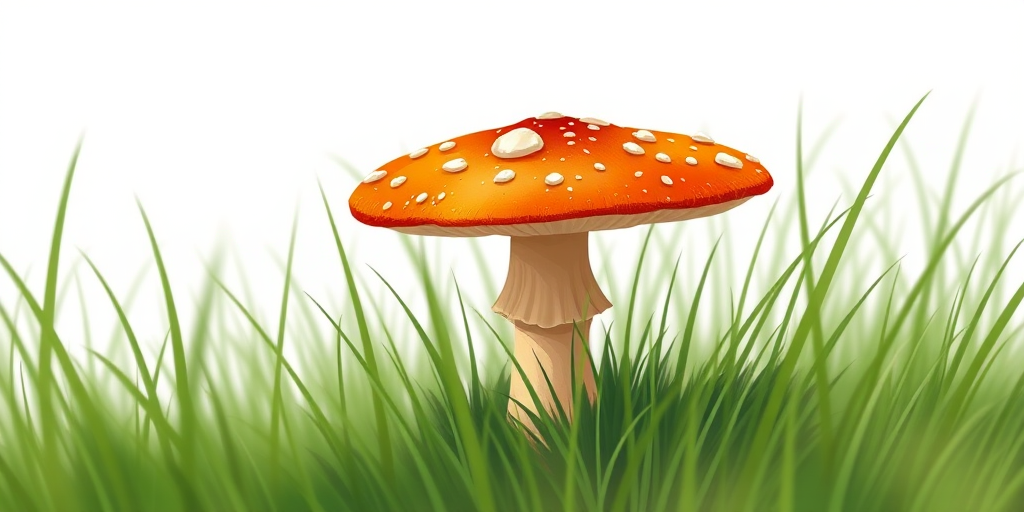 Regenerate an illustration of a vibrant orange mushroom with white spots, set against a transparent background, captured using a DSLR camera with a 50mm lens at f/2.8, ISO 100, and a shallow depth of field to enhance focus on the mushroom while softly blurring the surrounding grass.
