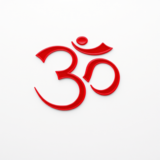 Create a vibrant red Om symbol on a white background, DSLR camera, f/1.8 aperture, ISO 100, 50mm lens, shot from a straight-on view, using macro photography techniques for enhanced detail.