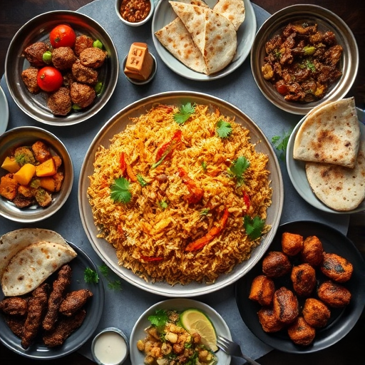 food photography of a lavish spread with various traditional dishes including biryani, naan, and kebabs, overhead shot taken with a DSLR camera, 50mm lens, aperture f/2.8, ISO 100, natural light, high dynamic range for enhanced detail and color saturation.