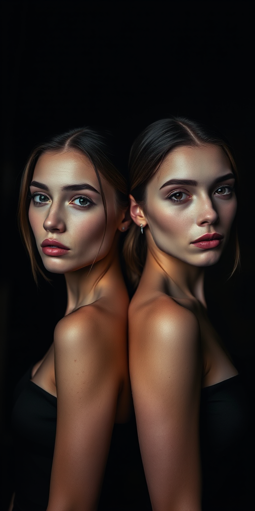 Regenerate the image of two identical women standing side by side in a dark setting, shot with a Canon EOS R5, 50mm lens, f/1.8 aperture, ISO 100, with soft lighting for smooth skin textures and high contrast for dramatic effect.