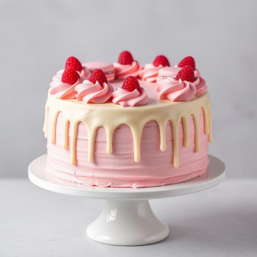 Create a beautiful pink cake with layers of pink frosting and a smooth white chocolate drip on top. Decorate the cake with pink macarons, swirls of pink buttercream, and fresh raspberries for an elegant touch. The cake should be presented on a white cake stand against a light gray background.