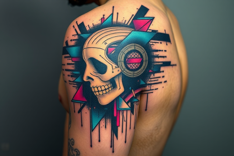 Avant-garde glitch tattoo incorporating digital distortion effects and pixelated elements, merging traditional and contemporary aesthetics, unique and cutting-edge artistic concept