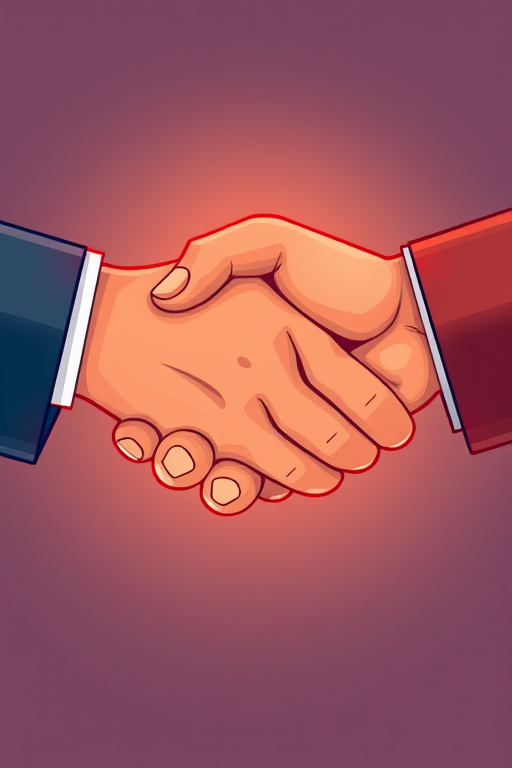 Create a high-resolution image of a handshake illustration, focused on warmth and collaboration, using a 50mm lens, f/2.8 aperture, and a soft studio light setup to enhance colors and details, with a symmetrical composition.