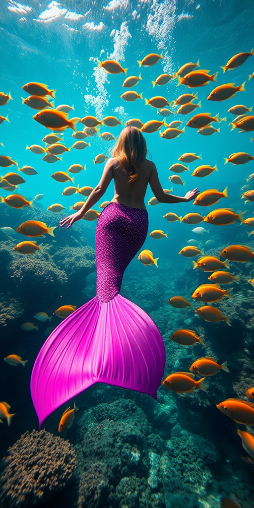 Create an underwater scene featuring a mermaid with a vibrant pink tail gracefully swimming through a school of colorful tropical fish, captured with a Canon EOS 5D Mark IV, 24mm lens, f/3.5 aperture, 1/125 sec shutter speed, and ISO 400 for enhanced detail and clarity.