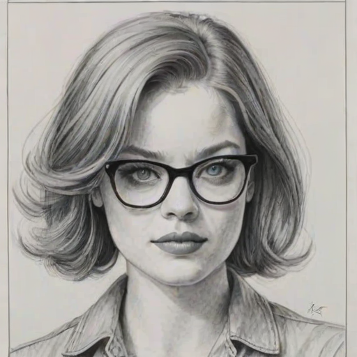Charming Jane Levy, pencil sketch, portrait of Captivating woman 1962s in glasses, hair style beatnik, outline, clear lines, fine lines, 8k