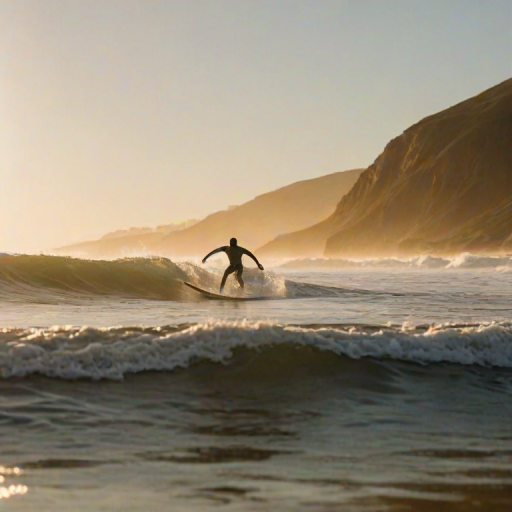 Blurry action shot of a surfer riding a wave at sunrise, water splashing up around them, the golden light of the early morning reflecting off the ocean, distant seagulls flying overhead, focus on the intense concentration on the surferes face.