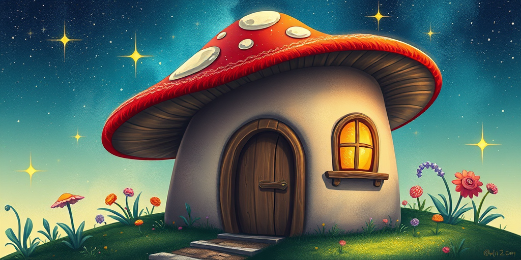 this image is illustration of a mushroom house with a door and a window, a storybook , fantasy art, mushroom house, bg starry sky, sparkles