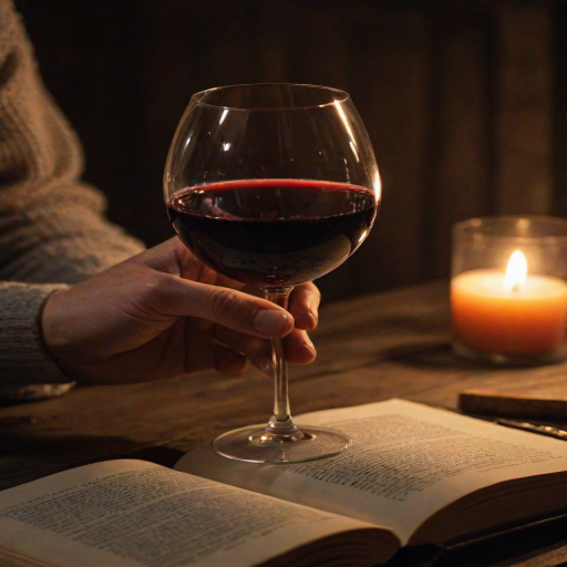 Close-up of a hand holding a glass of red wine, soft candlelight illuminating the glass, with a rustic wooden table and an open book softly blurred in the background.