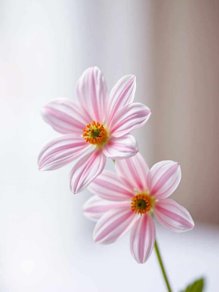 Capture a high-resolution image of two elegant flowers with a soft-focus background, aperture f/2.8, shutter speed 1/200s, ISO 100, macro lens, and vibrant color enhancement, highlighting delicate details and textures.
