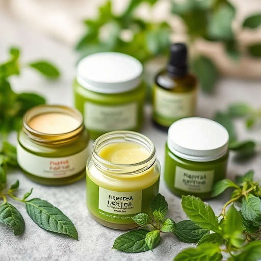 macro shot of various jars of natural skincare products with green tones arranged on a textured surface surrounded by fresh herbs and leaves, aperture f/2.8, shutter speed 1/50s, ISO 200, 50mm lens, natural light, DSLR camera