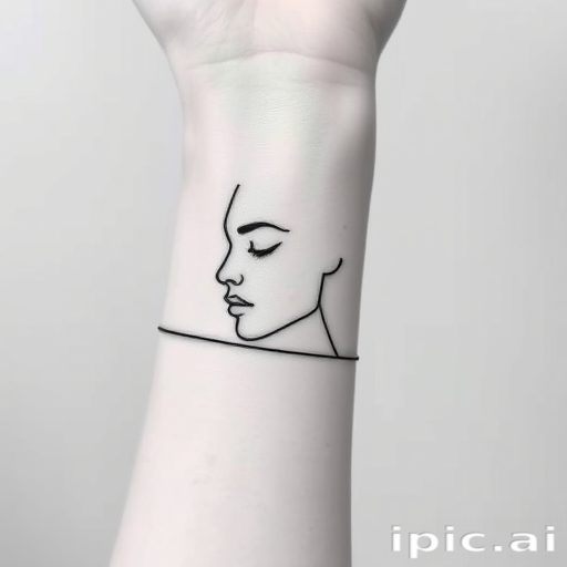 Minimalist line art body tattoo of a continuous one-line face profile wrapping around the wrist, executed in fine black ink for a delicate and modern aesthetic