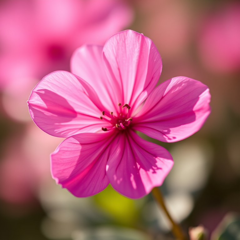 macro shot of a pink flower with soft background bokeh, f/2.8, 50mm lens, ISO 100, shutter speed 1/200s, taken with a DSLR camera in natural lighting