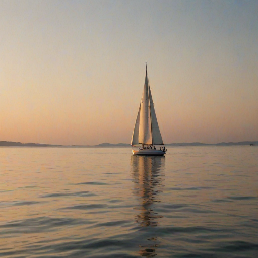 Sharp, high-resolution photo of a sailboat gliding through calm waters at sunset, the golden light reflecting off the ocean surface, distant islands barely visible on the horizon, a soft breeze filling the sails, a sense of peace and serenity captured.