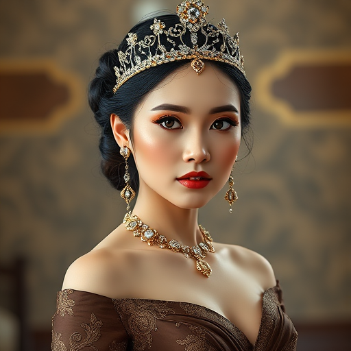A gorgeous Hmong woman in a luxurious brown gown, accessorized with a dazzling tiara and statement earrings, her deep red eyes highlighted by impeccable makeup, poised in a royal setting, photorealistic, 8K quality