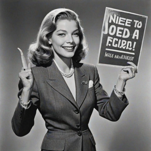 caricature of a smiling Lauren Bacall in a Vivid dress or suit, holding up a sign that says "NEED A JOB", no watermark,