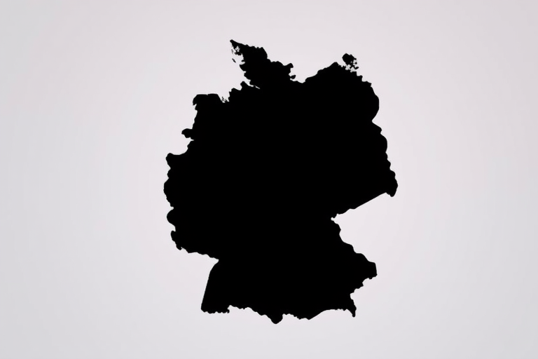 Create a high-resolution vector image of a silhouette map of Germany with a smooth gradient background, using a 50mm lens, aperture f/8, ISO 100, shot from a straight-on view, and rendered in a digital style with clean lines and modern design elements.