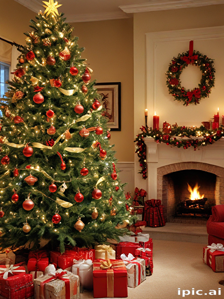 Cozy Living Room Scene Featuring a Beautifully Decorated Christmas Tree ...