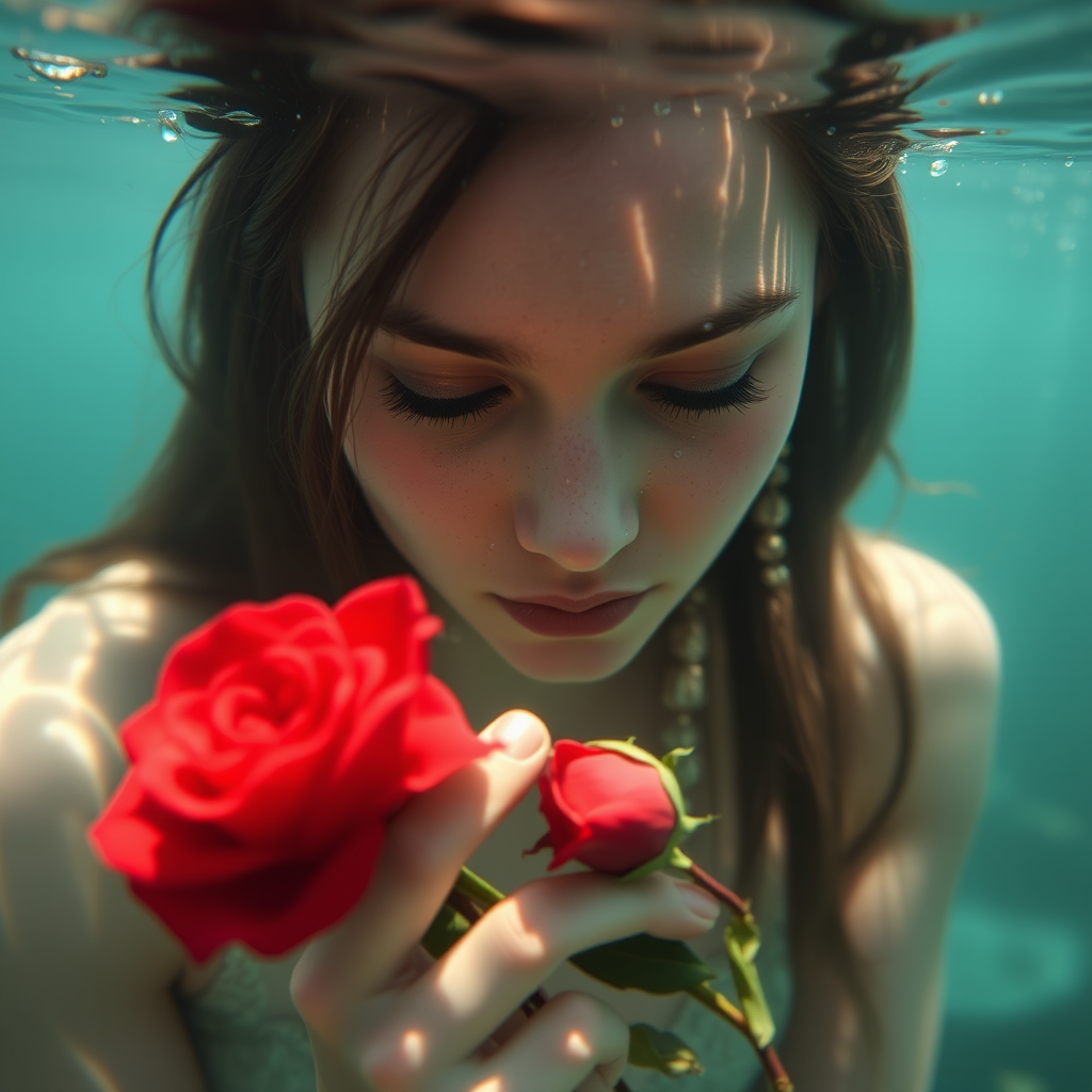 A woman underwater, gazing at a rose Her face is reflected in the water's surface The scene is illuminated by sunlight filtering through the water The atmosphere is serene and contemplative