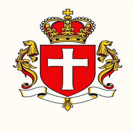 Create a detailed, high-resolution illustration of a royal coat of arms featuring a red shield with a white cross at the center, flanked by ornate golden elements and decorative ribbons, using a DSLR camera with a 50mm lens, f/2.8 aperture, ISO 100, shot in natural lighting with a shallow depth of field.