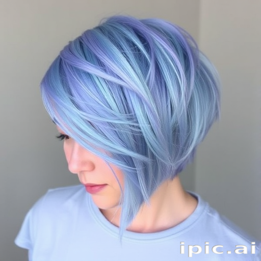 Dreamy periwinkle pixie cut with feathered layers, called "Bluebird Whisper," combines soft blue hues with delicate textures for a fairy-like appearance