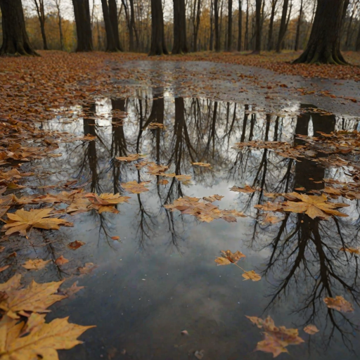 trees reflecting in a puddle of water mirror of trees, a cloudy sky with golden light, low grip, autumn atmosphere, dead leaves in the puddle, 4k