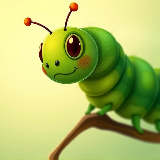 Create a vibrant cartoon-style illustration of a green caterpillar with textured details, set against a soft gradient background, using a DSLR camera with a 50mm lens at f/2.8, ISO 100, aperture priority mode, shot from a low angle to enhance depth and focus on the caterpillar.