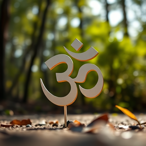 Create a high-resolution image of the Om symbol, shot from a low angle with a 50mm lens, f/1.8 aperture, ISO 200, using a DSLR camera with natural lighting for enhanced clarity and depth.