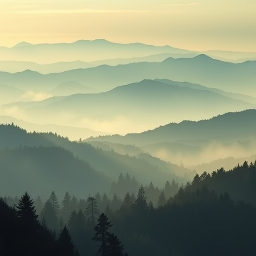 Generate a digital landscape illustration of a misty forest silhouette with layered mountains in the background, using a soft color palette of greens and blues, captured with a DSLR camera at f/8 aperture, ISO 100, 50mm lens, shot from a low angle perspective, with a soft focus effect for enhanced depth.