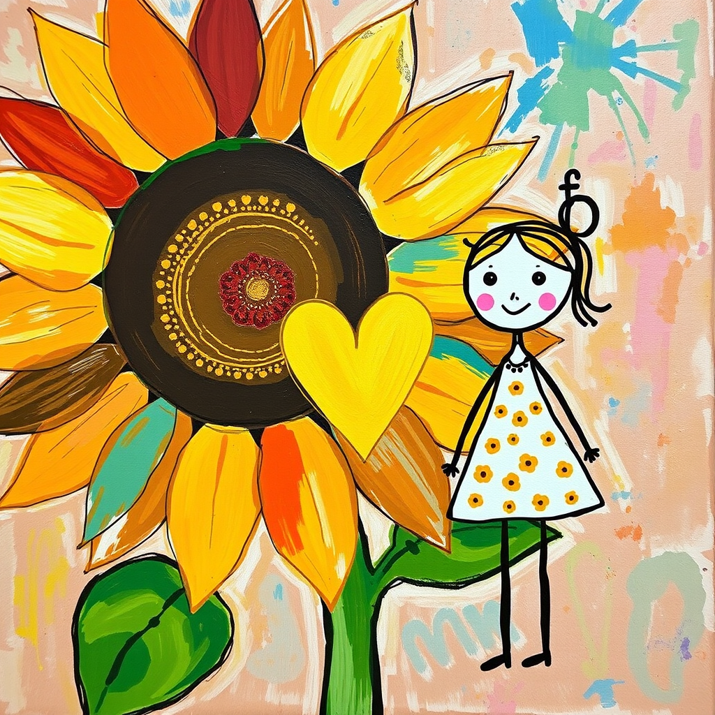 Stylized impressionism painting of a large sunflower with an oversized center and colorful petals. Beside, a young female character with eyes represented by dots and a mouth by a line, pink cheeks, hair attached, arms and legs a black line, flowery white dress triangle shape. A yellow heart surrounded by a black line between the two. Textured background with touches of colorful paint. Childish style.