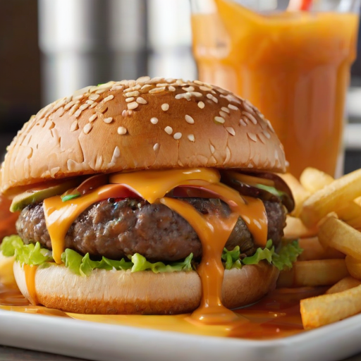 High-resolution, close-up image of a gourmet double cheeseburger. The burger features a glossy, sesame-seed-topped brioche bun. Inside, there are two thick, juicy beef patties, each topped with melted cheddar cheese. The burger is garnished with fresh lettuce, tomato slices, diced onions, and pickles. A generous amount of ketchup and a creamy, orange-colored sauce is dripping down the sides, adding to the mouth-watering appeal. In the background, there are blurred elements including a side of golden French fries and a hint of a beverage, enhancing the overall presentation of a delicious meal.