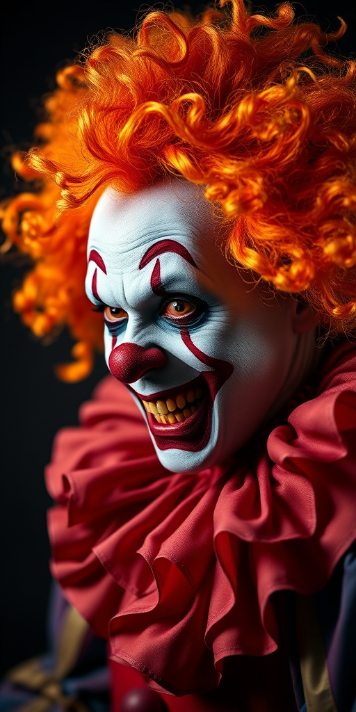 portrait of a sinister clown with vibrant orange and yellow curly hair, detailed face makeup with exaggerated features, wearing a colorful ruffled costume, dramatic lighting with a dark background, captured with a Canon EOS 5D Mark IV at f/1.8, ISO 100, 85mm lens, soft focus on background for depth.