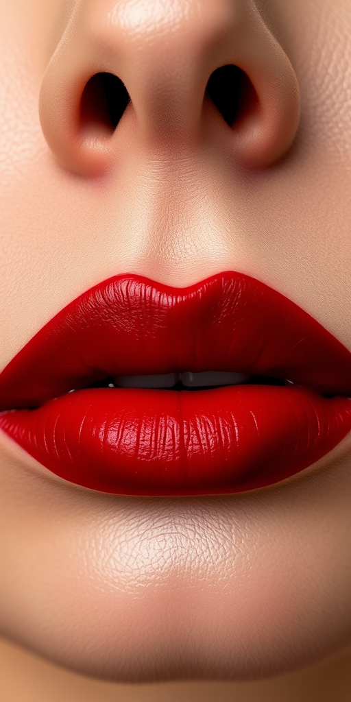 Stunning "Ruby Velvet" lips with a deep red matte finish, showcasing plump and defined contours, exuding sophistication and allure in a close-up portrait