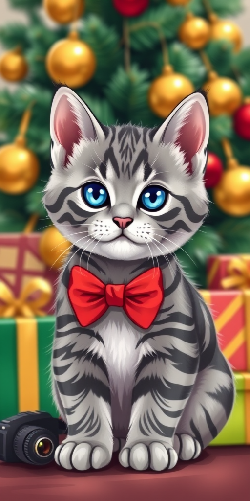 Create an illustration of a cute gray striped kitten with blue eyes wearing a red bow tie, sitting in front of a decorated Christmas tree with golden ornaments and colorful presents around it, captured with a DSLR camera at f/2.8, ISO 100, 50mm lens, in natural daylight for vibrant colors and sharp details.