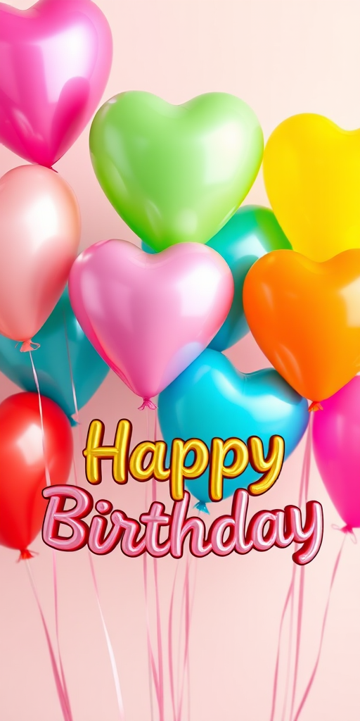 Create a high-resolution digital artwork of colorful balloons with heart shapes, featuring a vibrant "Happy Birthday" text banner, set against a soft pastel background, shot with a Canon EOS 5D Mark IV at f/8, 1/125 sec, ISO 200, using a shallow depth of field to enhance the clarity and brightness of the balloons and text.