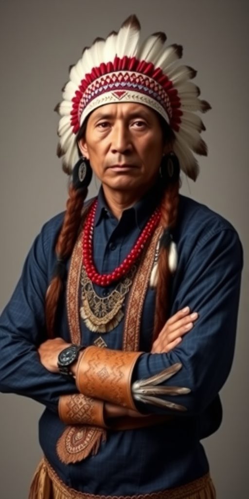 Create a dignified portrait of a Native American man dressed in traditional attire. He wears a beautifully crafted headdress adorned with white feathers and red beads, along with a beaded headband featuring intricate patterns. His clothing includes a deep blue, patterned shirt and a traditional chest piece with detailed beadwork. His arms are crossed, displaying leather armbands decorated with feathers. The background is simple and neutral, emphasizing his proud and stoic expression. The overall image captures the rich cultural heritage and strength of his persona.