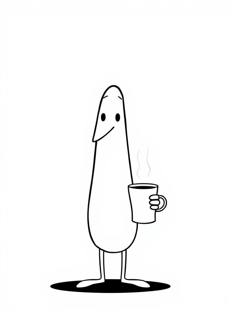 A simple cartoon character with a long oval head and a neutral expression holding a steaming cup of coffee with one hand while the other hand is positioned near its body, drawn in a minimalistic black line style against a plain white background.