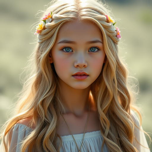 Create an image of a young Hmong woman with long, wavy blonde hair, adorned with small, colorful flowers woven into her braids and loose strands. Her complexion is fair, with soft, glowing skin, and she has light blue eyes that gaze softly at the viewer. She wears a light, flowing dress with a gentle, ethereal quality, complementing her delicate and serene appearance. The background is slightly blurred, drawing focus to her tranquil expression and the intricate details of the flowers in her hair. The overall mood of the image is one of natural beauty and grace, evoking a sense of peacefulness and connection with nature.