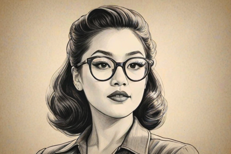 Fetching Ally Maki, pencil sketch, portrait of Exquisite woman 1940s in glasses, hair style beatnik, outline, clear lines, fine lines, 8k