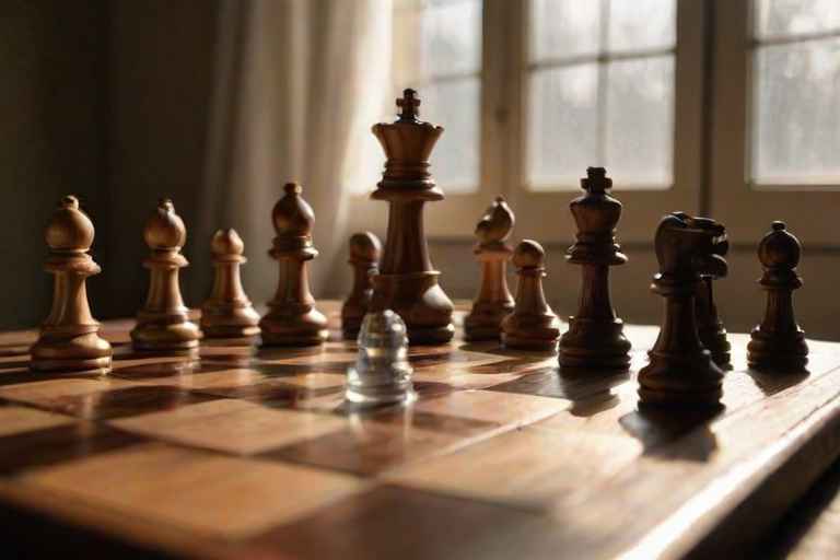 Sharp, detailed close-up of a chessboard mid-game, soft sunlight streaming through a nearby window, pieces positioned strategically, the smell of old wood and concentration filling the air.