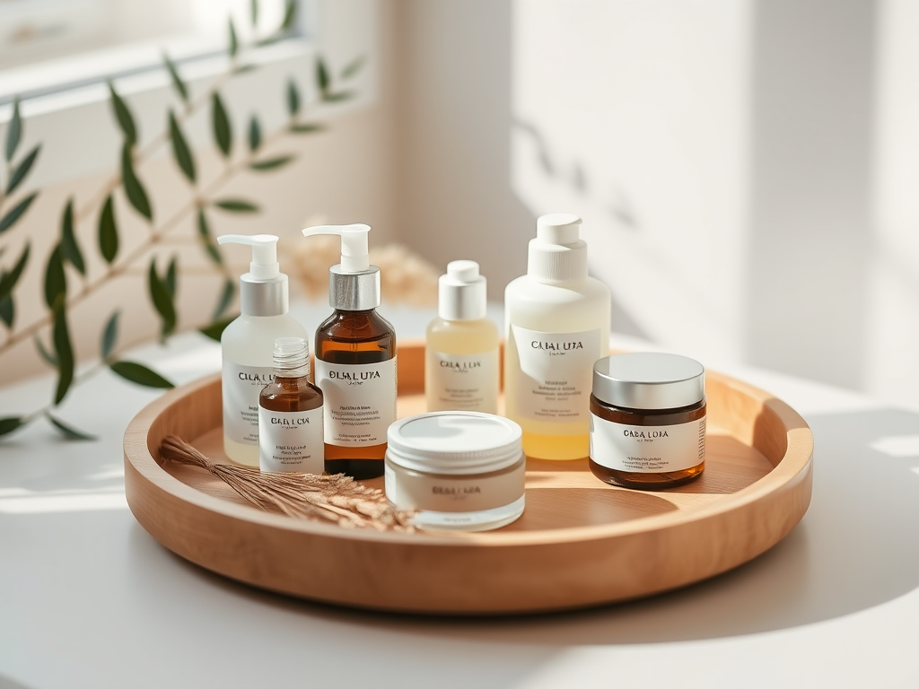 Create a minimalist still life of natural skincare products arranged on a circular wooden tray with soft natural lighting, using a DSLR camera with 50mm lens, f/2.8 aperture, ISO 100, and a shallow depth of field to enhance detail and softness in the background.