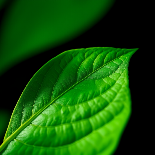 Create a vibrant green leaf graphic on a black background, using a Canon EOS R5 with a 50mm f/1.2 lens, aperture set to f/4, ISO 100, shooting in natural light with a macro view to enhance detail and color contrast.