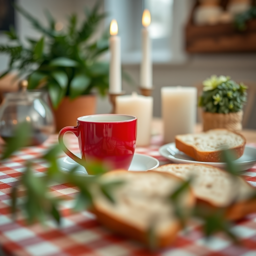 a cozy breakfast scene featuring a red coffee cup on a checkered tablecloth, two slices of bread, candles, and plants softly lit by natural light, focus on the foreground, shallow depth of field, aperture f/2.8, shutter speed 1/125s, ISO 200, 50mm lens, soft warm tones
