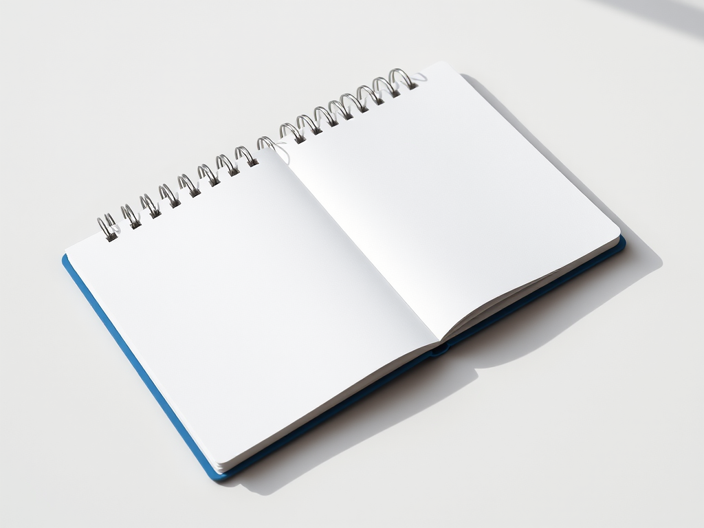 a flat lay view of an open spiral notebook with a blue cover and blank white pages, natural lighting, captured with a DSLR camera at 50mm focal length, aperture f/2.8, ISO 100, high resolution