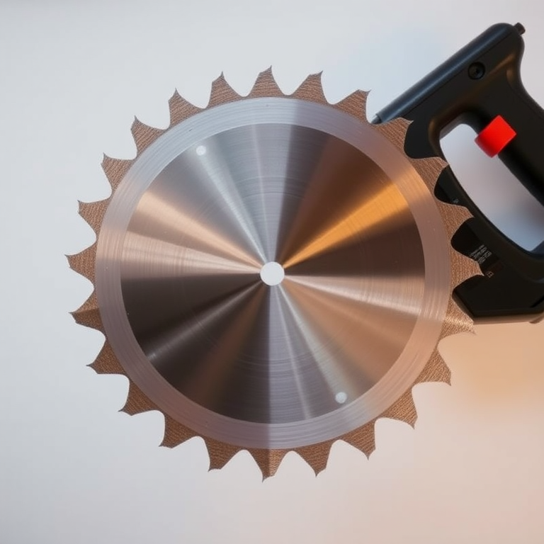 Create a high-resolution image of a circular saw blade against a plain background, using a DSLR camera with a 50mm lens, aperture set to f/4 for depth of field, ISO 100 for clarity, and a 1/250 shutter speed for sharpness.
