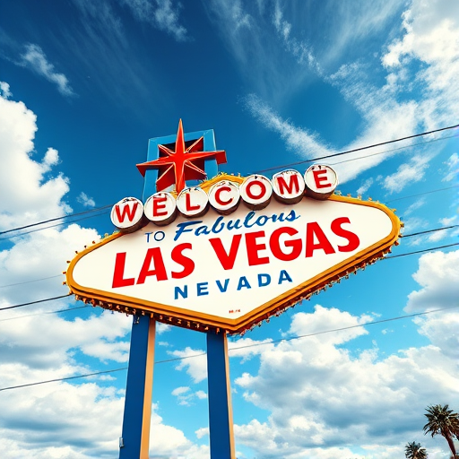 Create a vibrant digital illustration of the Las Vegas sign against a dynamic sky with fluffy clouds, using a wide-angle lens with an aperture of f/8, ISO 100, and a high-resolution digital camera for enhanced detail and clarity.